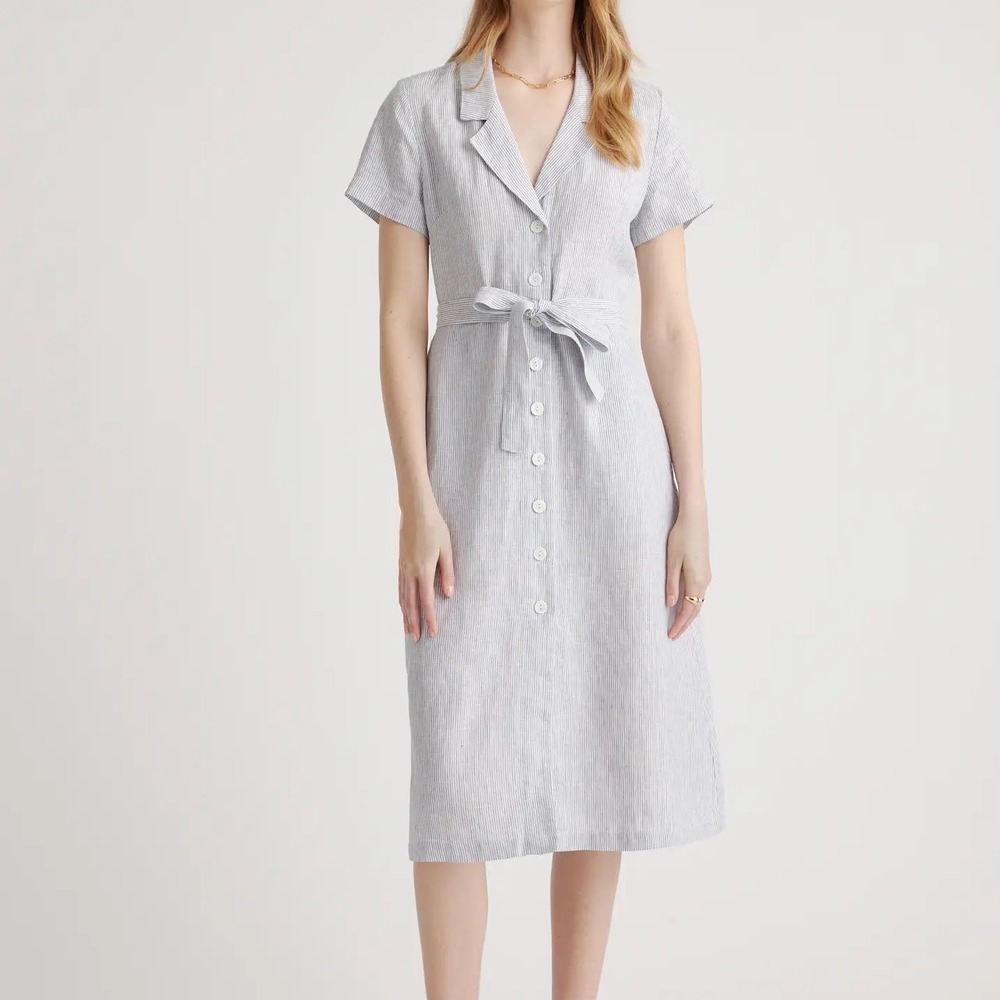 Quince 100% Linen Short Sleeve Shirt Dress Blue White Stripe XL Coastal Preppy